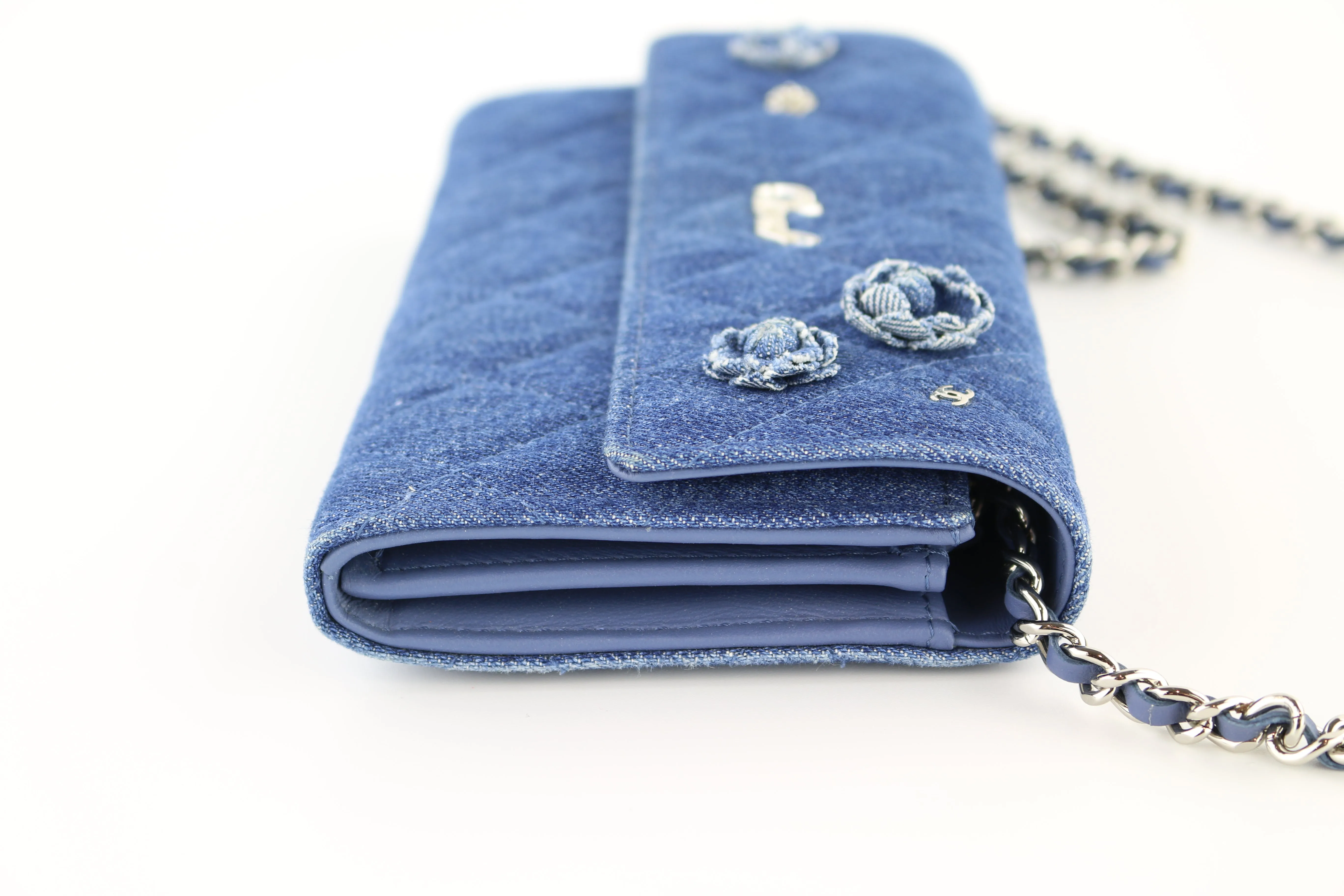 Denim Camellia Charms Clutch on a Chain