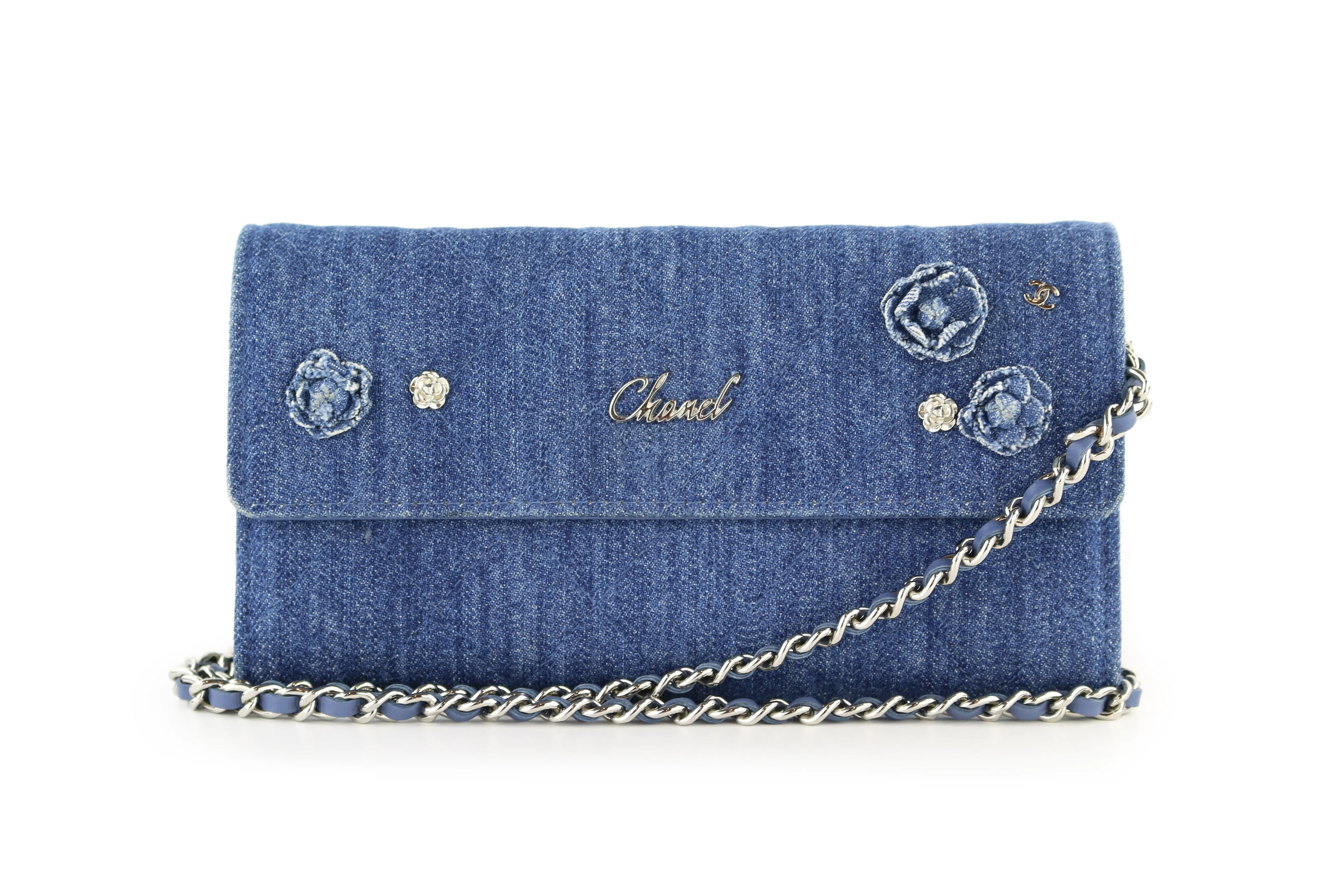 Denim Camellia Charms Clutch on a Chain