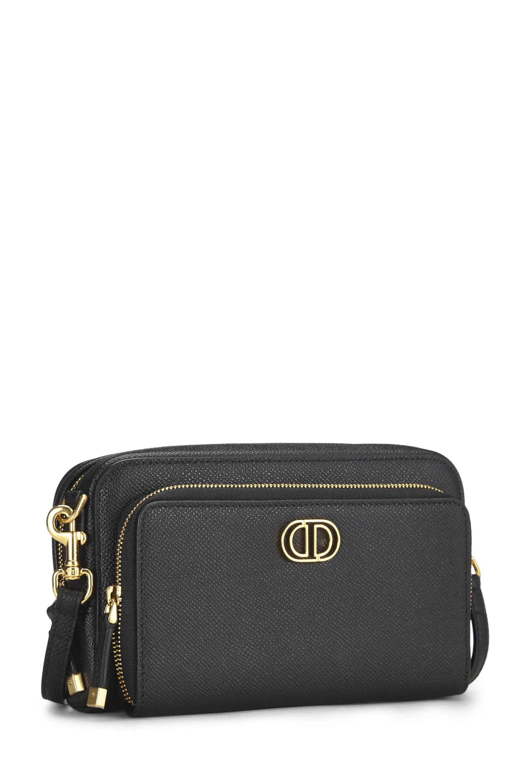 Dior,  Black Calfskin Caro Double Pouch Crossbody, Black