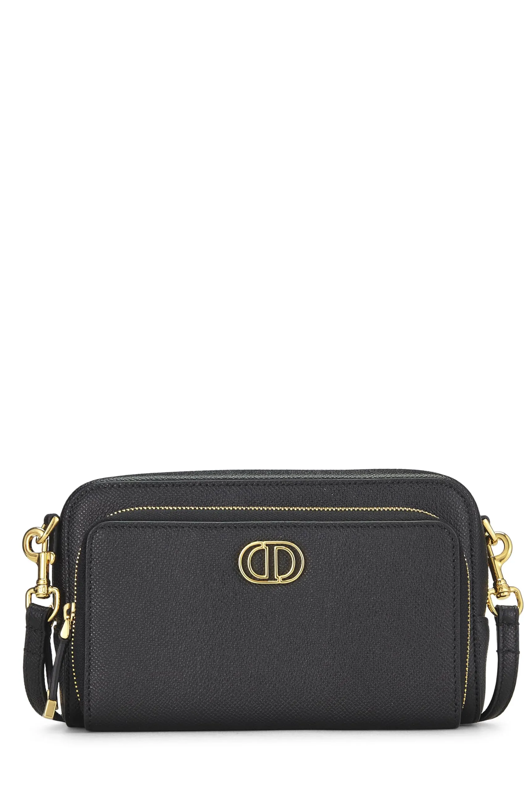 Dior,  Black Calfskin Caro Double Pouch Crossbody, Black