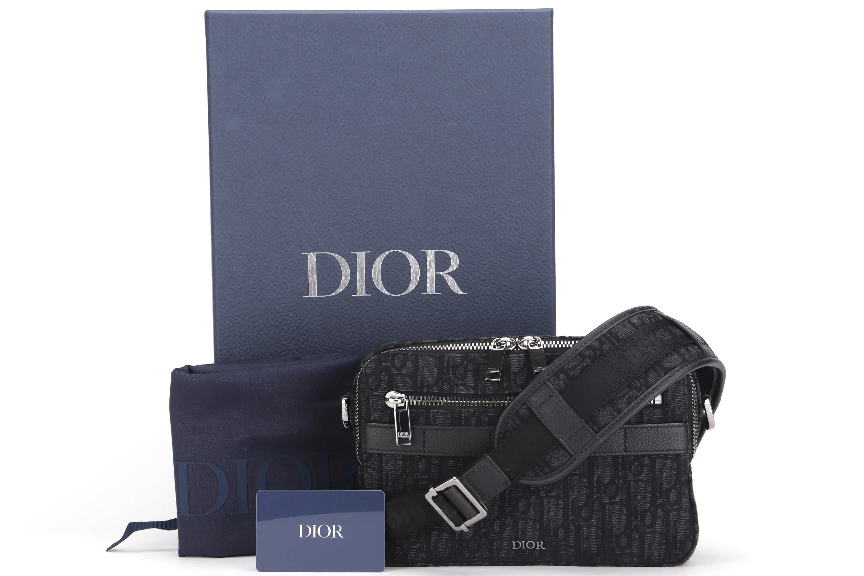 DIOR SAFARI MESSENGER (23-BO-1212) BLACK OBLIQUE JACQUARD SILVER HARDWARE, WITH STRAP, DUST COVER & BOX