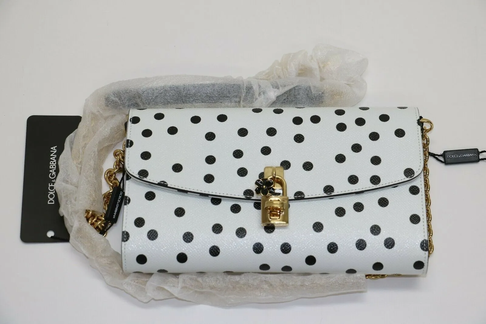 Dolce&Gabbana: White - Polka Doted - Leather Padlock Chain Clutch