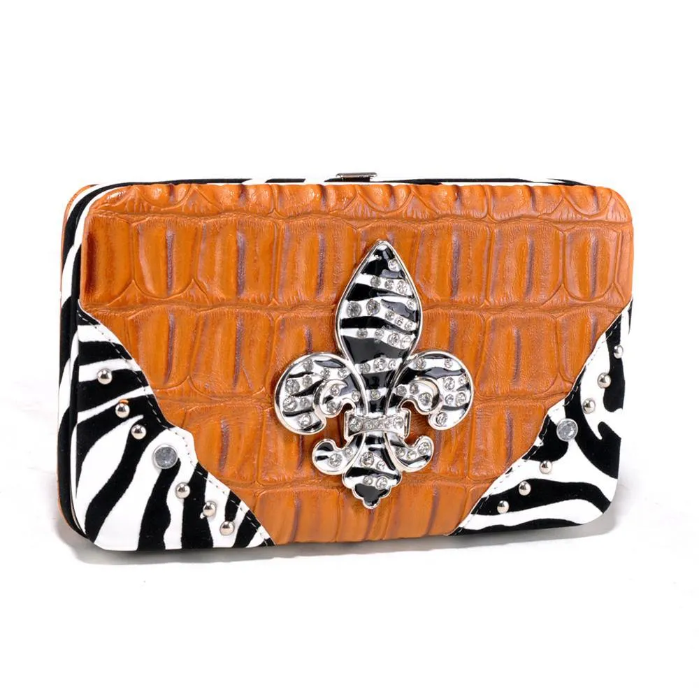 Fashion Embossed Wallet with Zebra Trim and Rhinestone