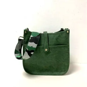 Green Vintage Vegan Leather Messenger Bag with Camo Strap