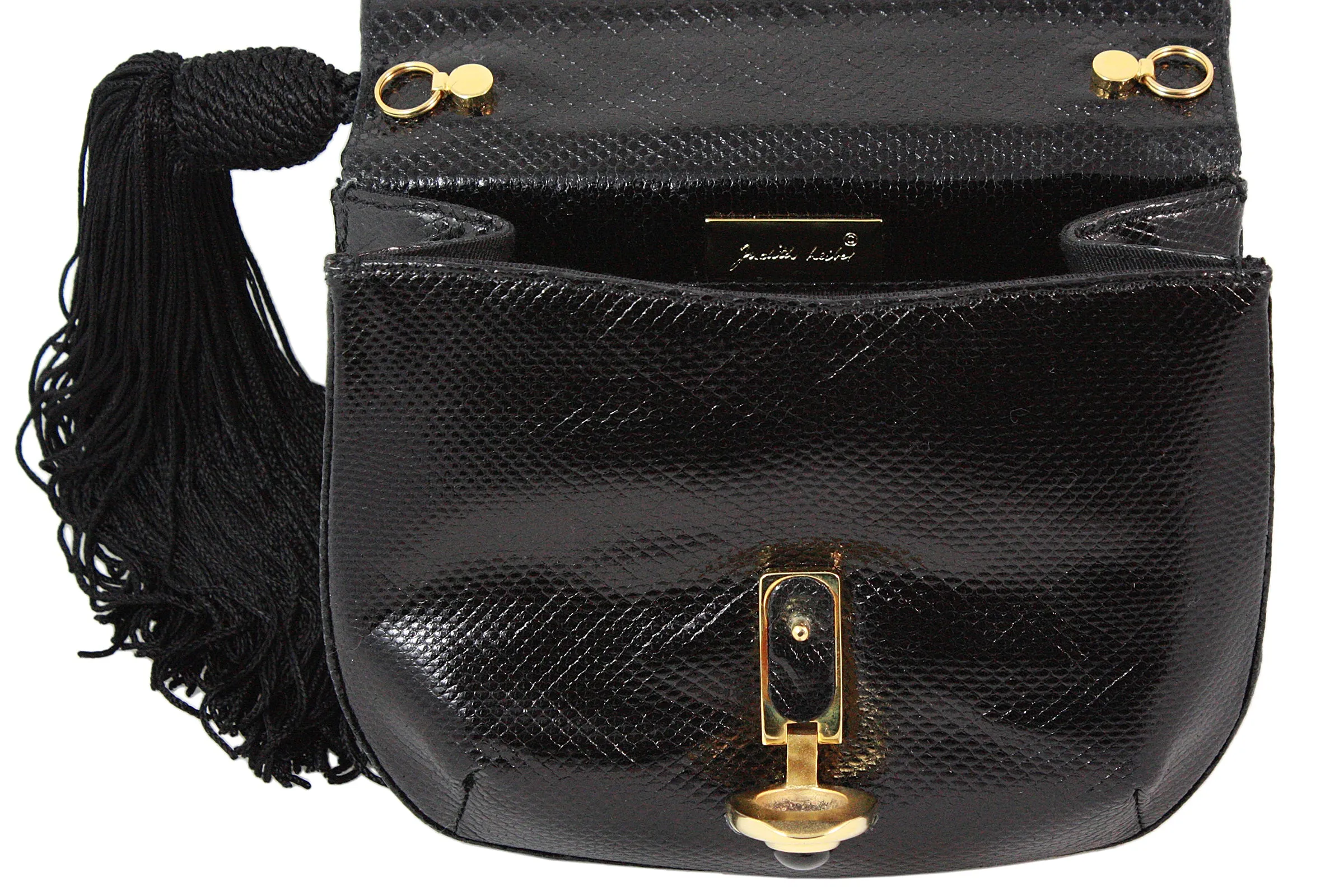 JUDITH LEIBER Black Snakeskin Leather Jeweled Clutch with Tassel