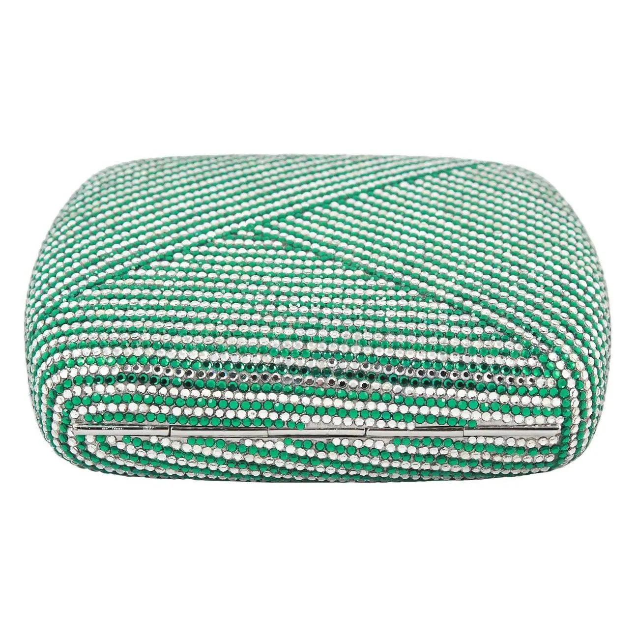 JUDITH LEIBER Green and Clear Striped Rhinestone Clutch