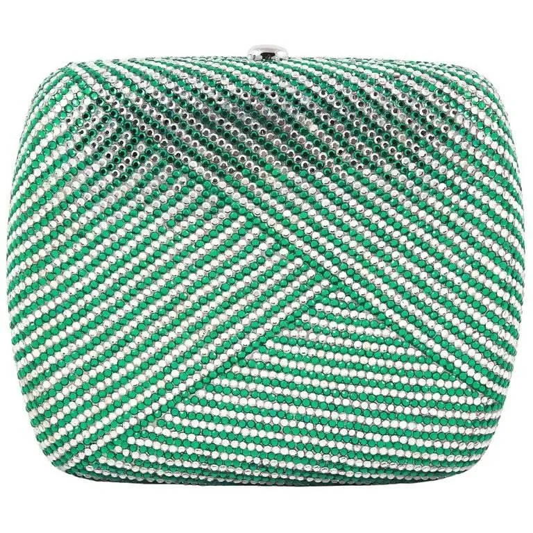 JUDITH LEIBER Green and Clear Striped Rhinestone Clutch