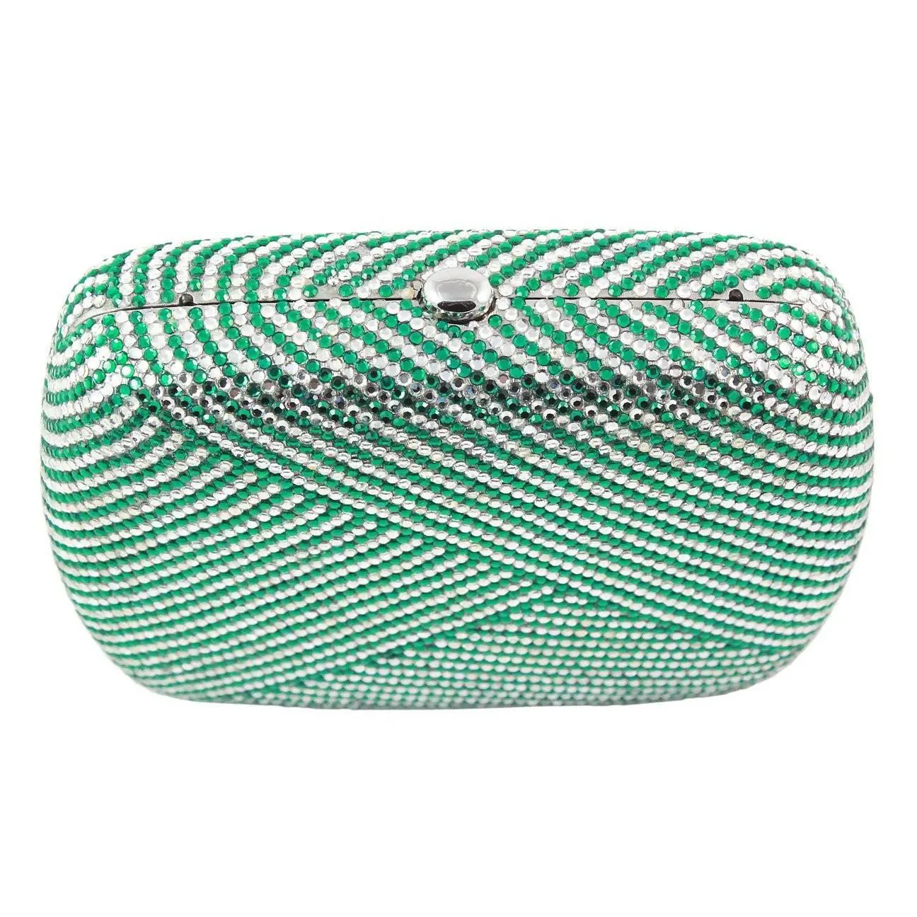 JUDITH LEIBER Green and Clear Striped Rhinestone Clutch