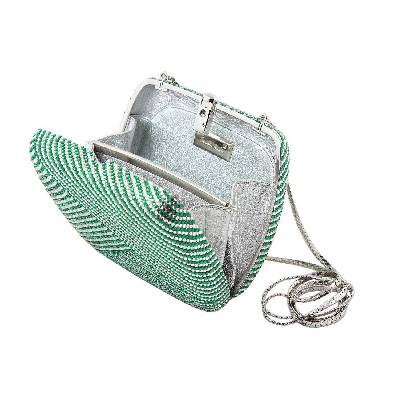 JUDITH LEIBER Green and Clear Striped Rhinestone Clutch