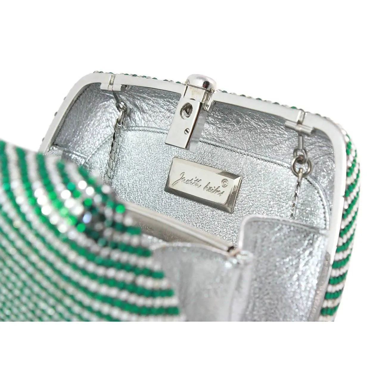 JUDITH LEIBER Green and Clear Striped Rhinestone Clutch