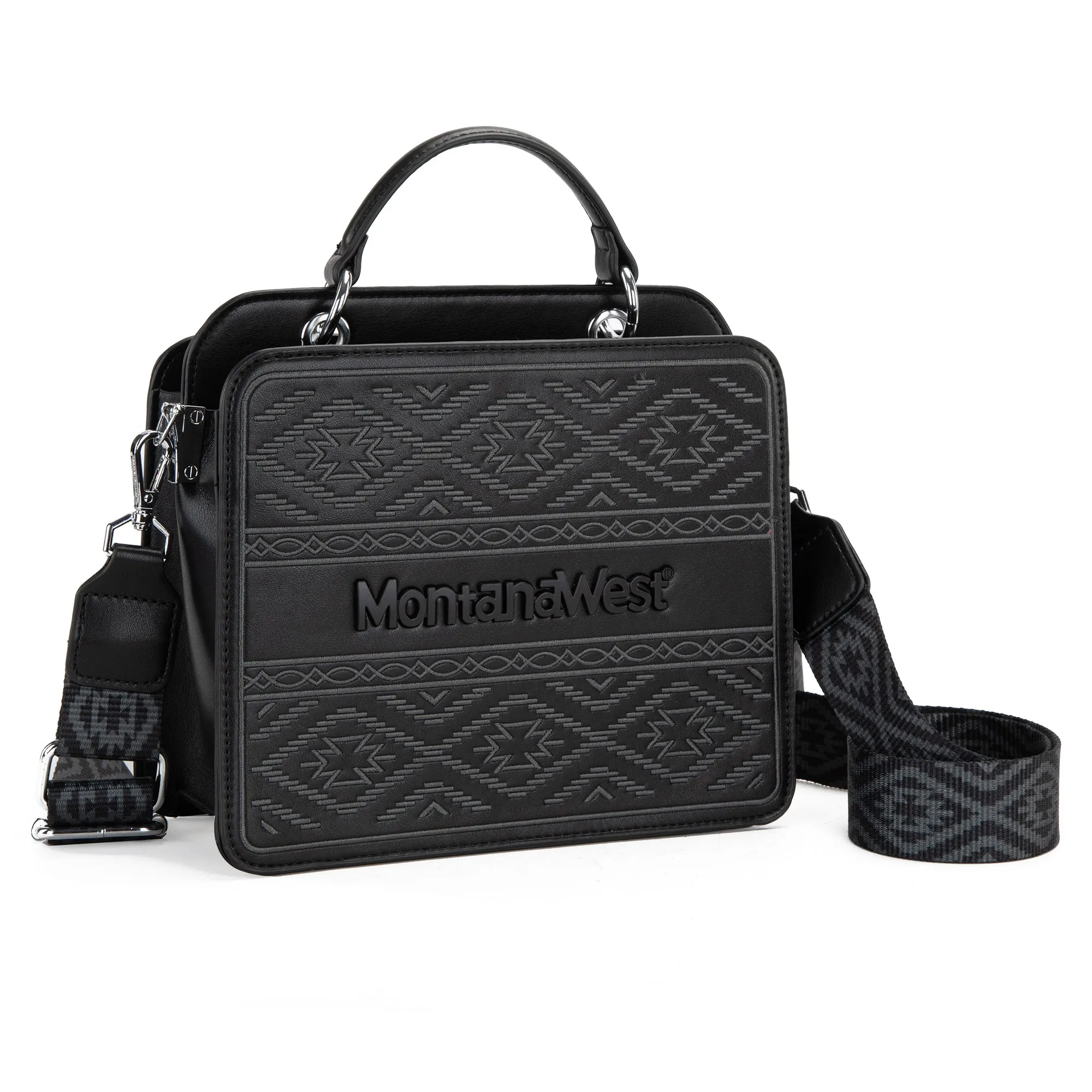 MWF1052-8120   Montana West Embroidered Aztec Tote/Crossbody With Mini Pouch - Black