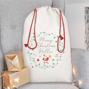 Personalised Christmas Sack, Christmas Santa Sack, Watercolour Xmas Sack, Xmas Gift Bag, Custom Wreath Christmas Eve Sack, Xmas Gift Sack