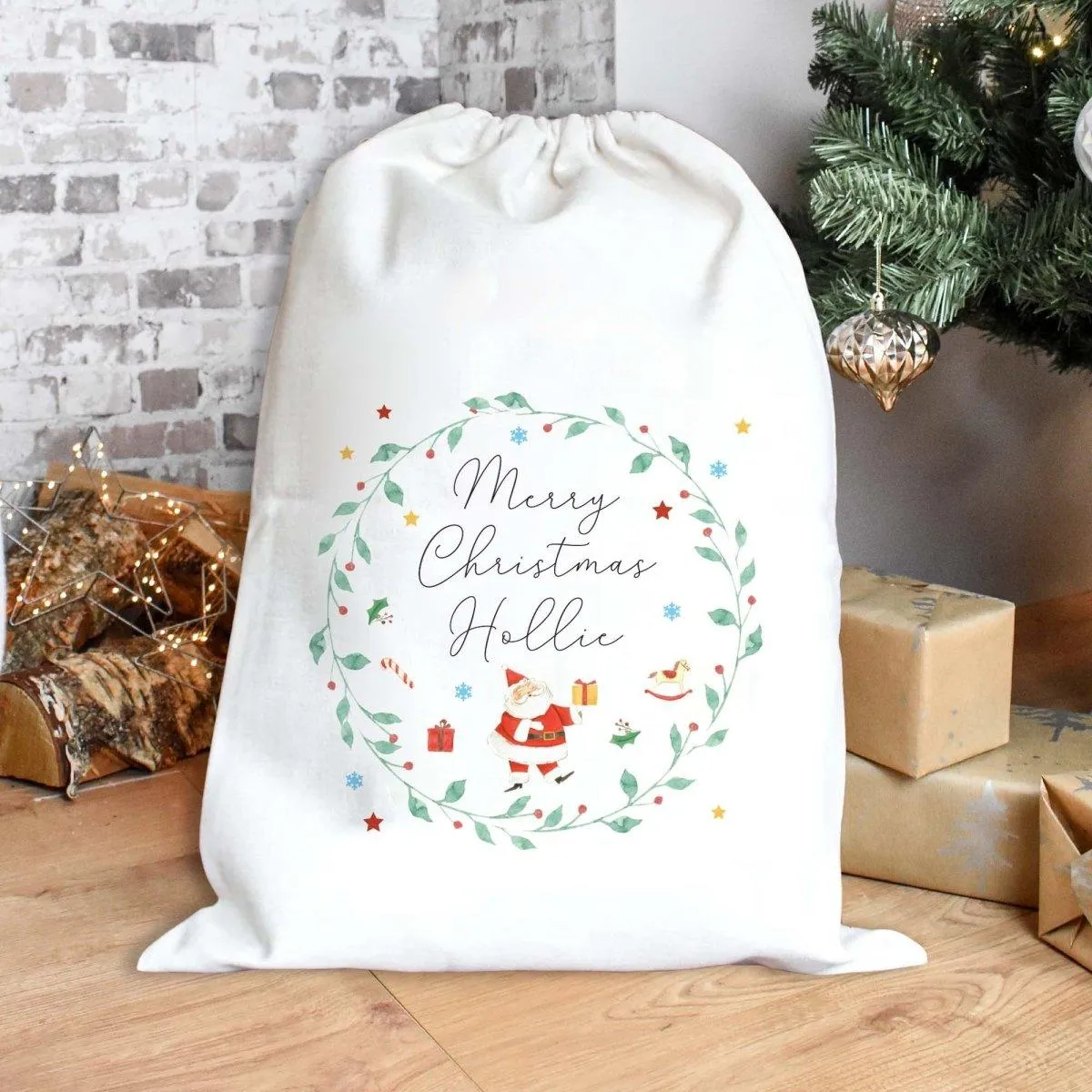 Personalised Christmas Sack, Christmas Santa Sack, Watercolour Xmas Sack, Xmas Gift Bag, Custom Wreath Christmas Eve Sack, Xmas Gift Sack