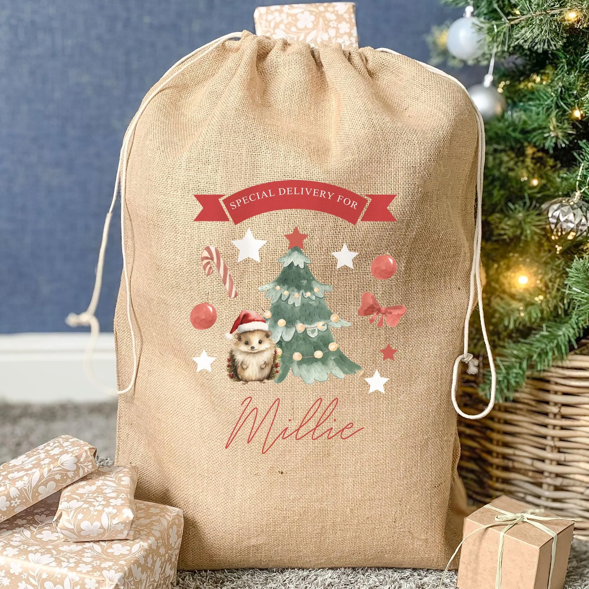 Personalised Christmas Sack, Jute Christmas Sack, Country Xmas Sack, Santa Sack, Hedgehog Santa Sack, Xmas Decor, Natural Hessian Xmas Sack