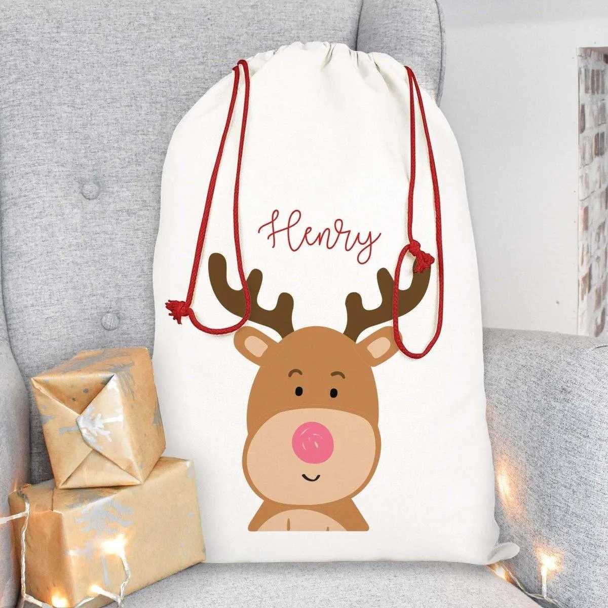 Personalised Christmas Sack, Reindeer Christmas Sack, Kids Christmas Sack, Christmas Santa Sack, Reindeer Gift Bag, Christmas Present Sack,