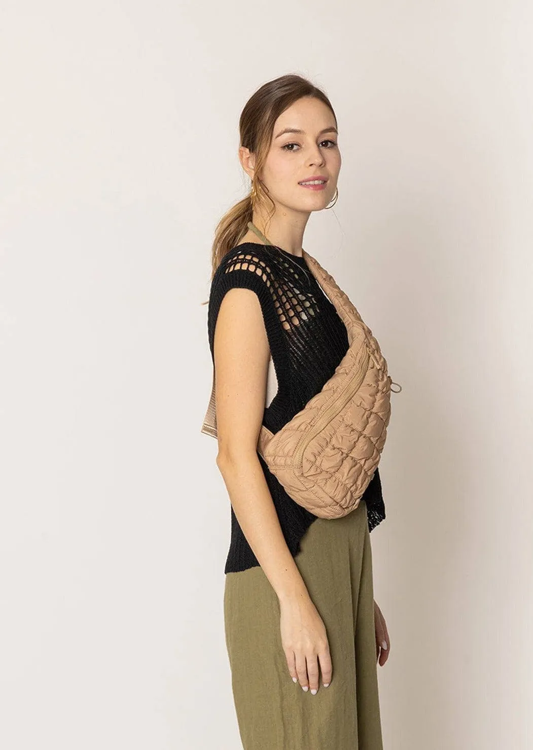 Quilted Puffer Sling Bag in Tan