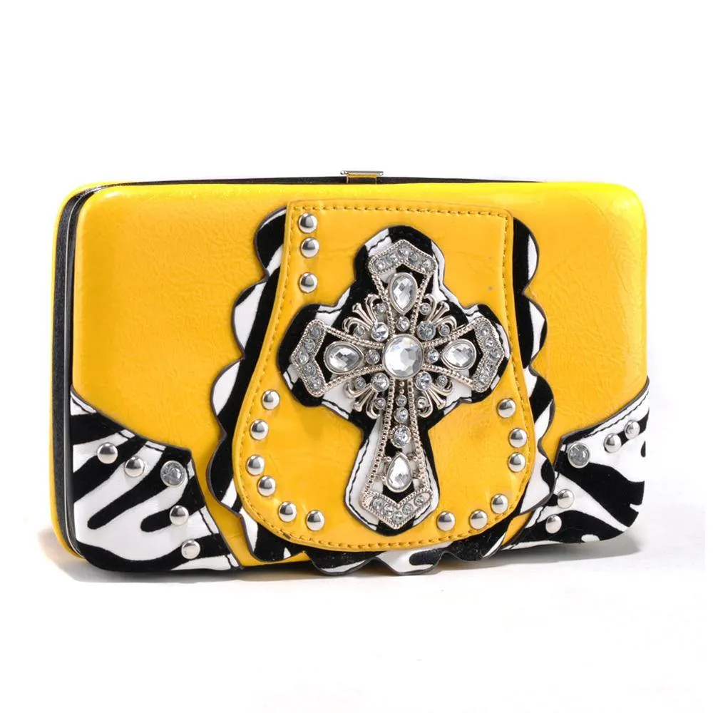 Rhinestone Cross Frame Wallet with Zebra Trim and Studs