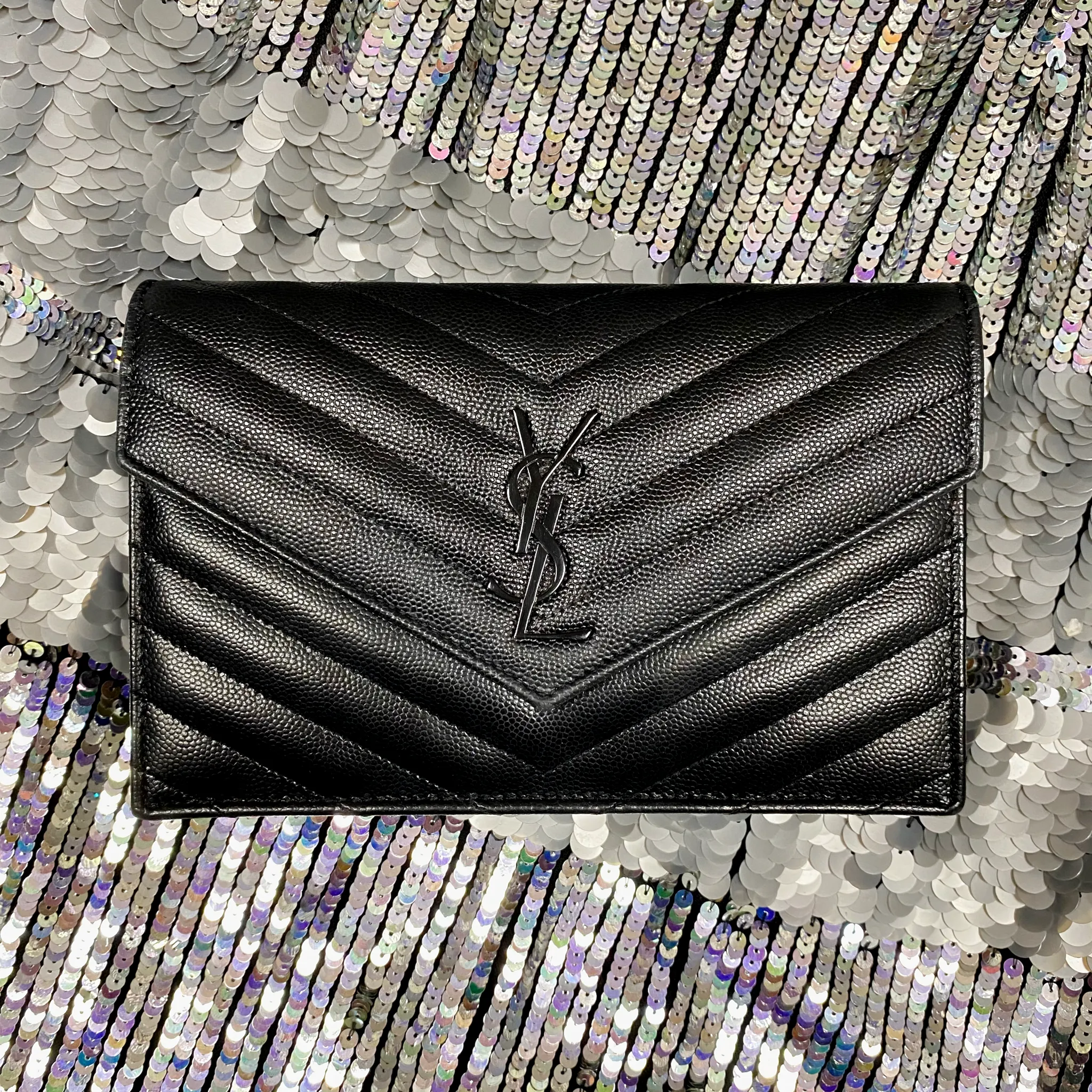 Saint Laurent Black Chevron Wallet on Chain