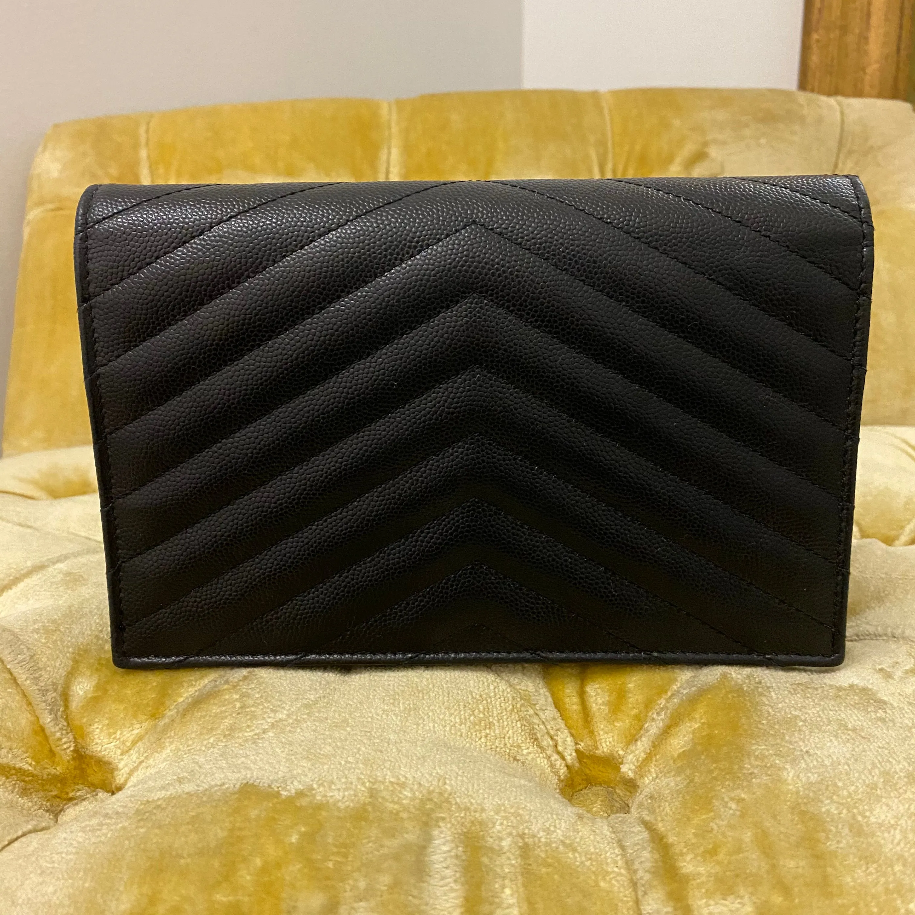 Saint Laurent Black Chevron Wallet on Chain